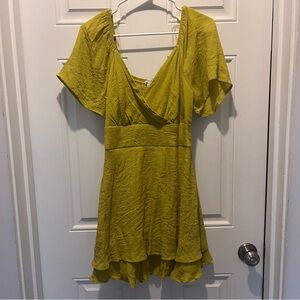 AUW Mustard V-Neck Mini Dress with Short Sleeves